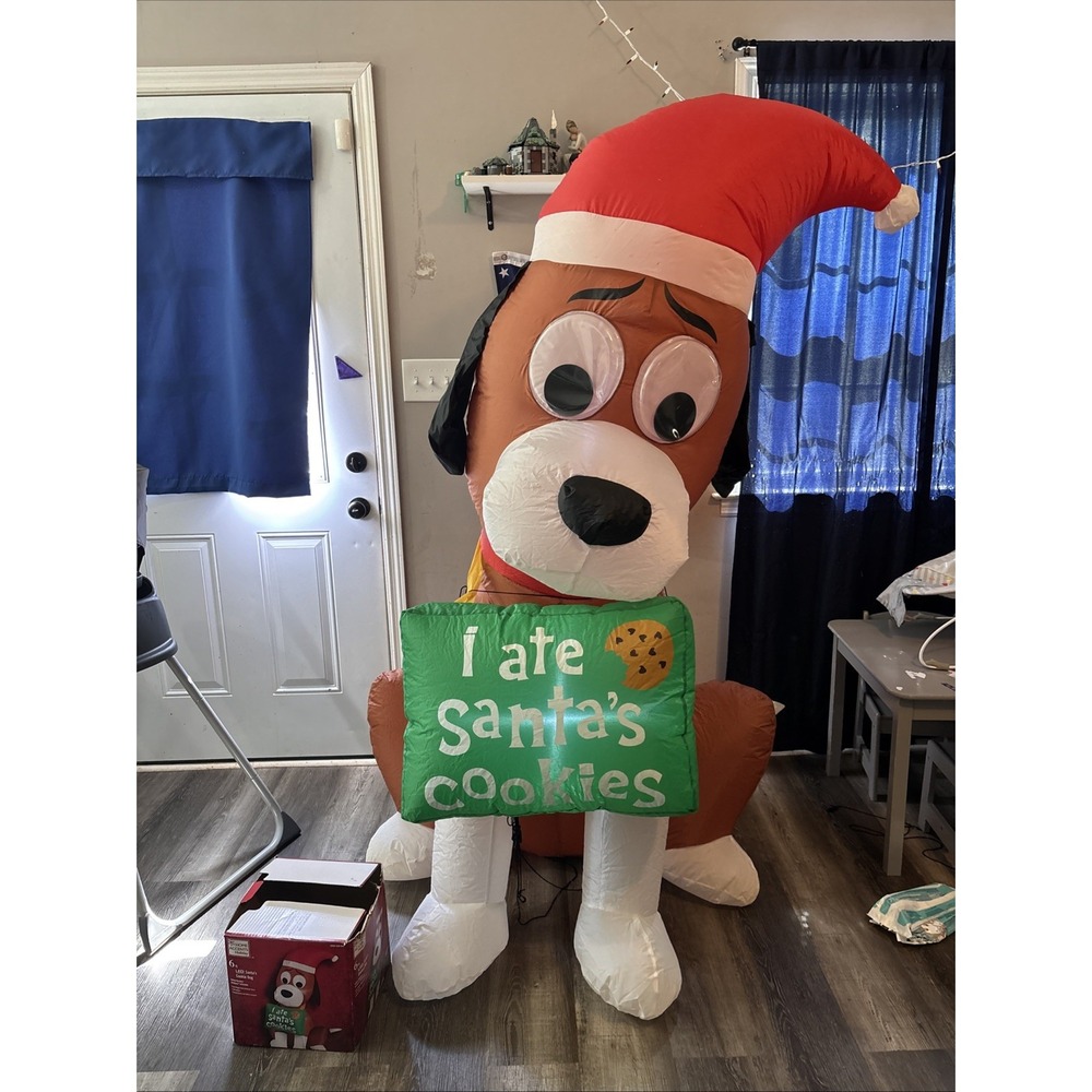 Gemmy 6ft LED I Ate Santa's Cookie Dog Santa Hat Christmas Inflatable G82216